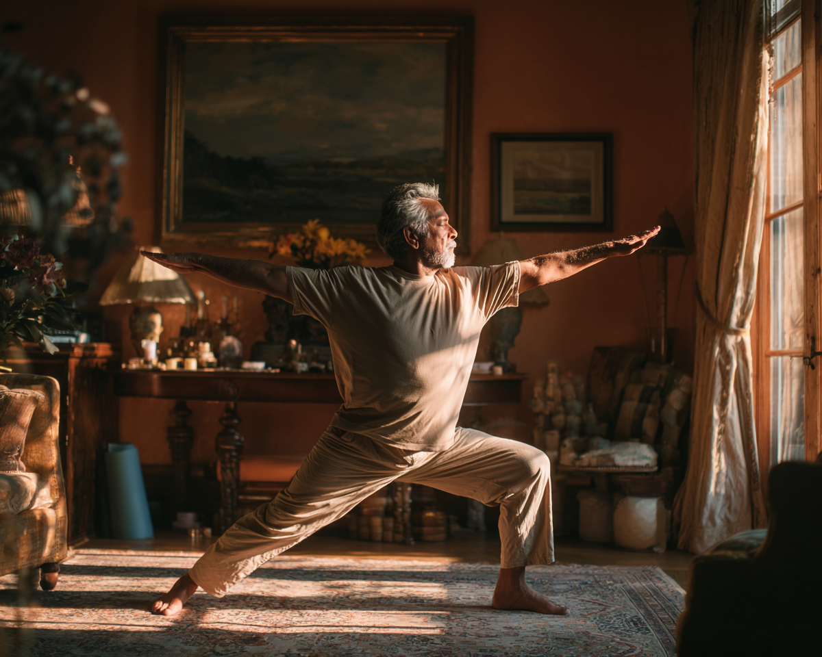 Grup de seniori practicând yoga creativă în studio luminos